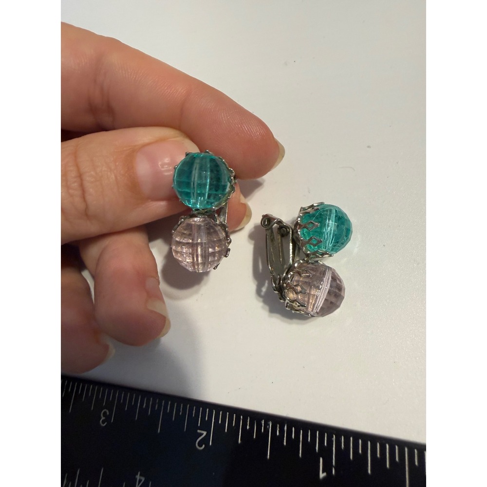 Vintage Teal Green and Lavender Purple Beaded Clip‎ On Earrings Silver Tone